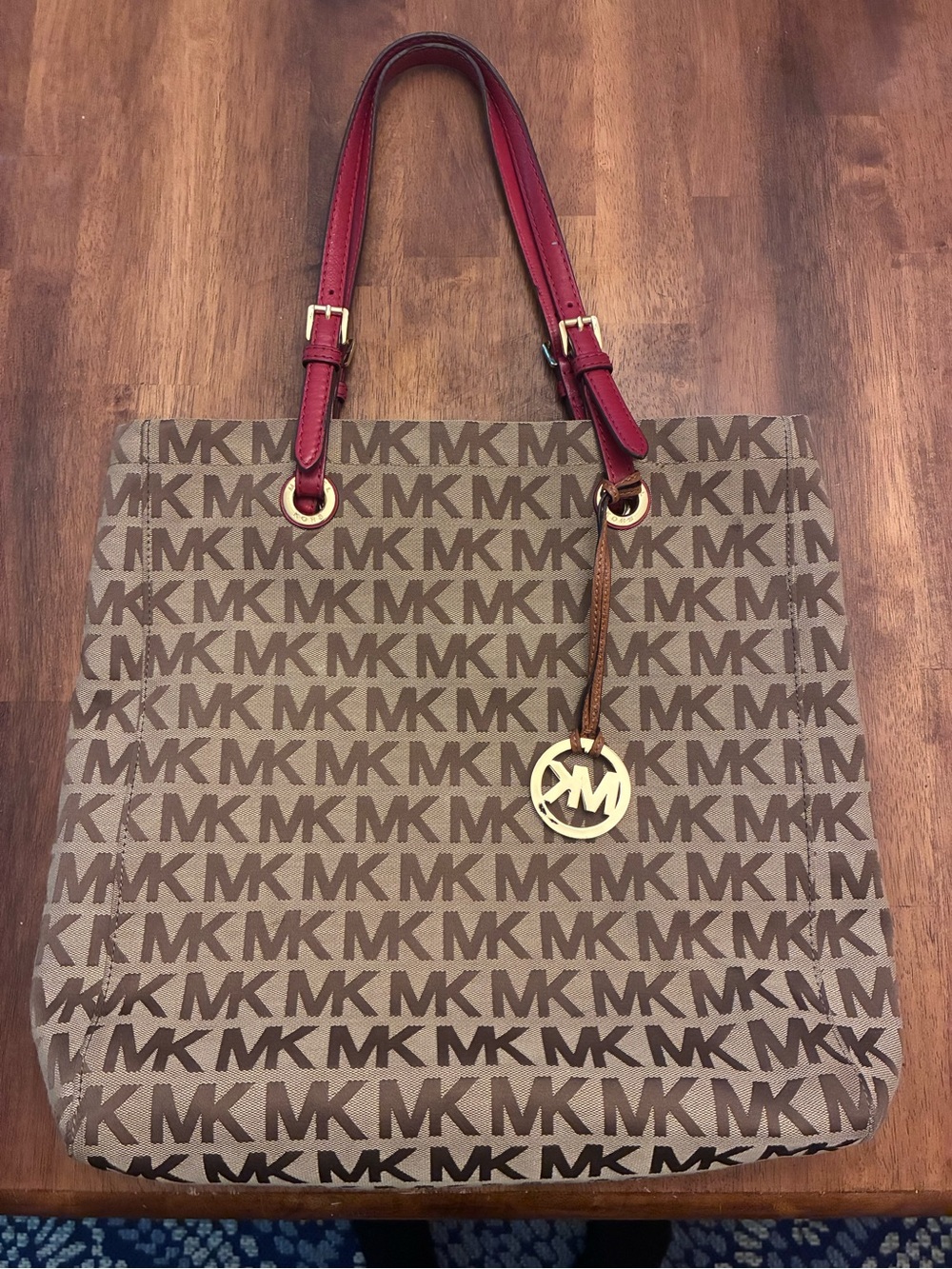 Michael Kors Brown Logo Tote with Red Handles